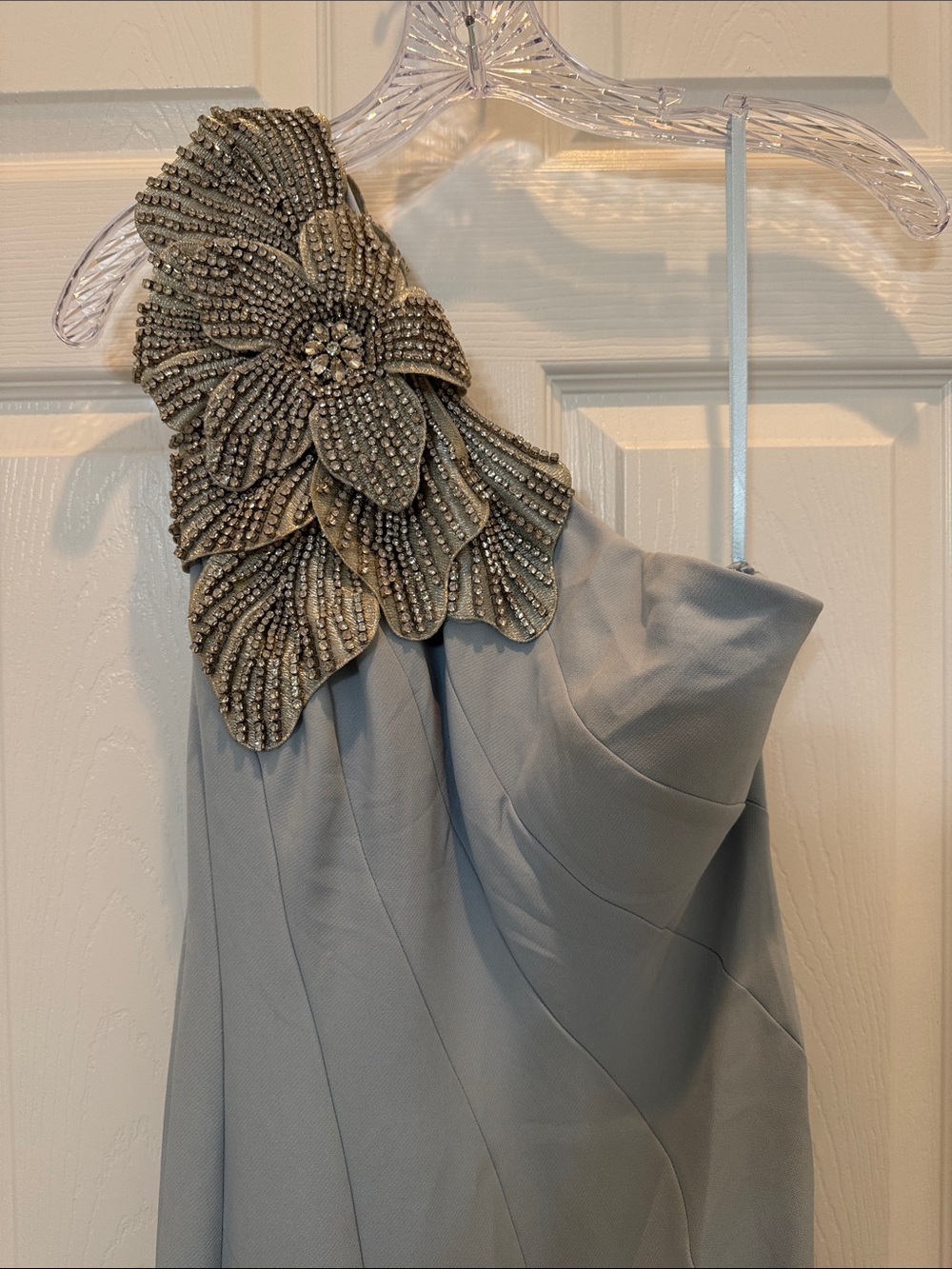 Mac Duggal 11810 Blue Crepe One Shoulder Gown With Crystal Flower Size 6 NWT - Picture 6 of 11